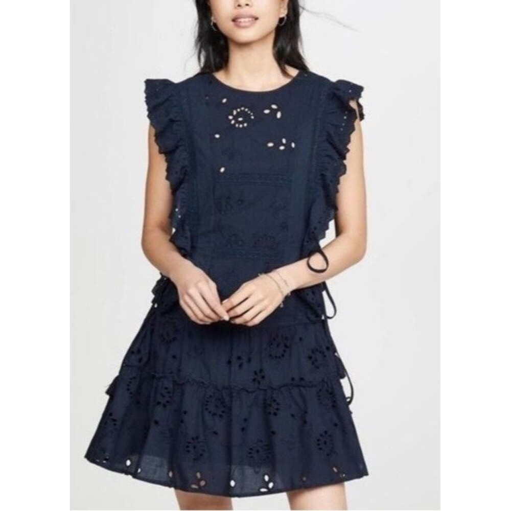 Misa Los Angeles Navy Eyelet Ruffle Mini Dress